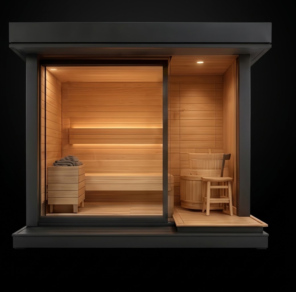 Sauna interior in light cedar with bench seating and a separate changing area alongside